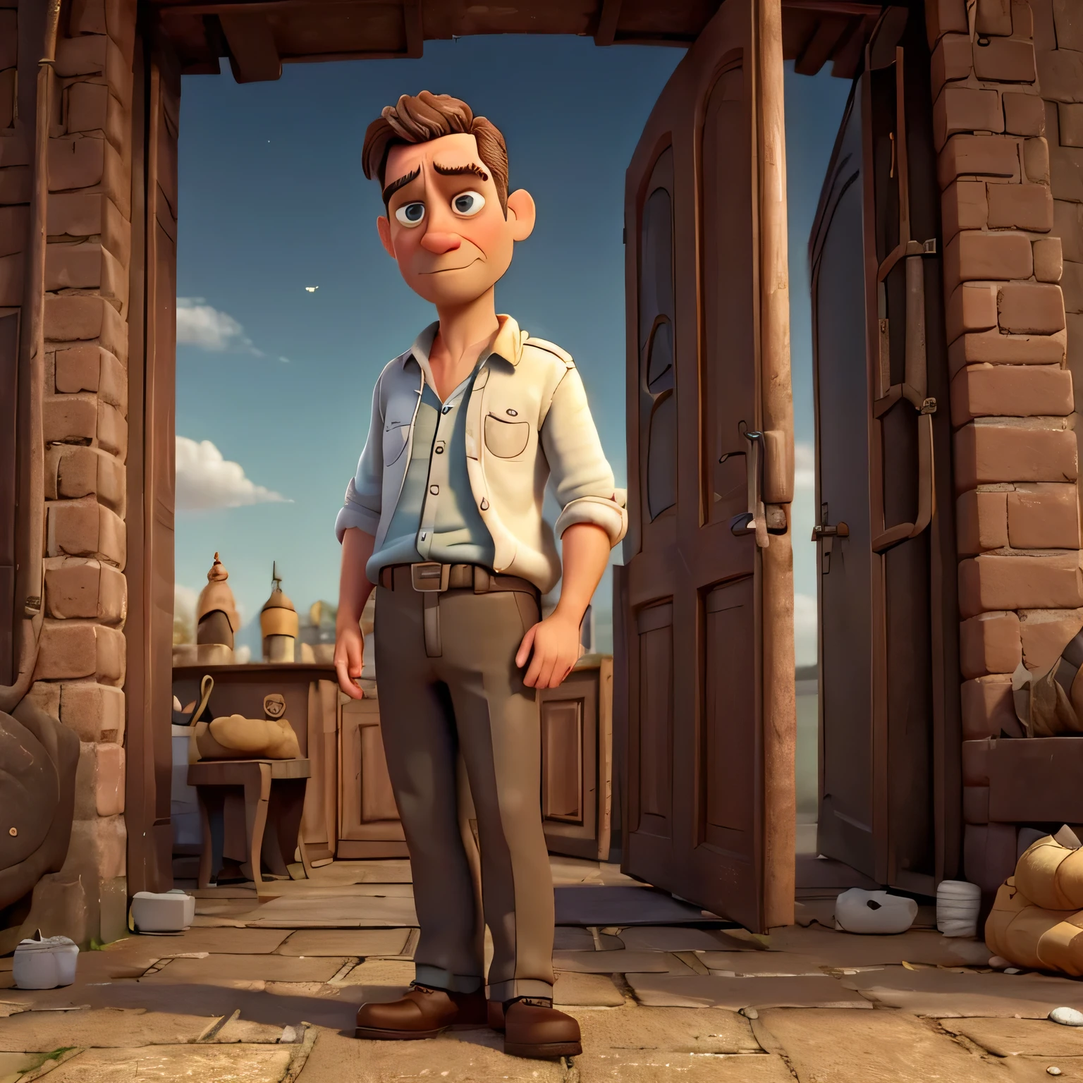 (cara triste de um europeu:1.1) (sem um sorriso) or, contra, (rosto triste e sombrio:1.1). homem, cerca de 40 anos, full image is bad; Sentimentos, He has a fever and headache. no estilo Pixar