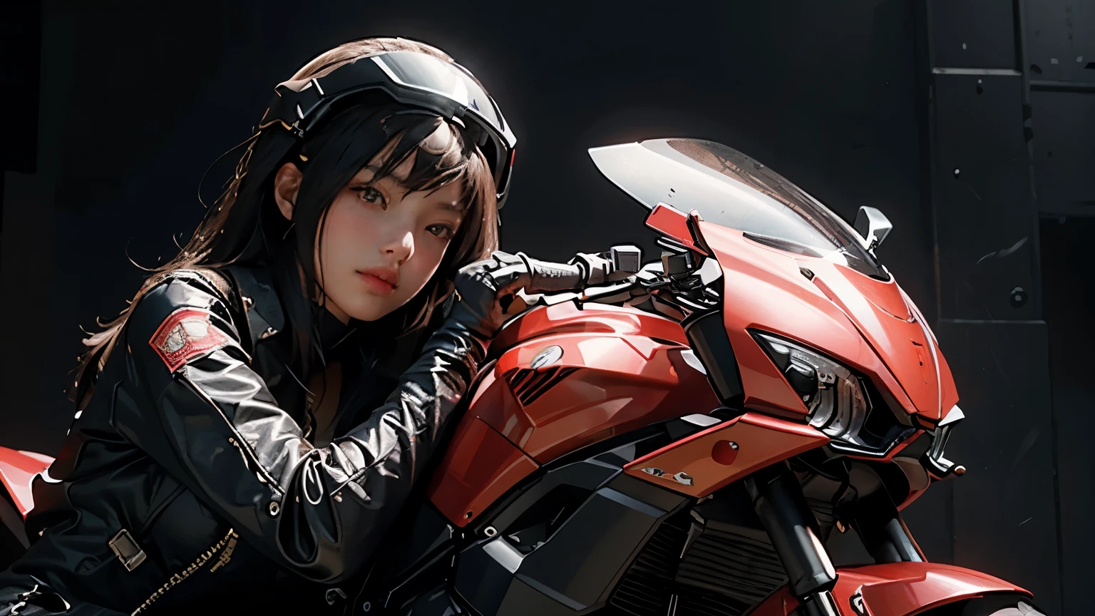 Best image quality, Excellent details, Ultra-high resolution, (realism: 1.4), Best illustrations, Favorite Details, Very condensed one girl, Delicate and beautiful features, Wearing a black and red mecha, Wearing a mecha helmet, Hold the directional controller, Riding on motorcycle, The background is a futuristic city high tech lighting scene.