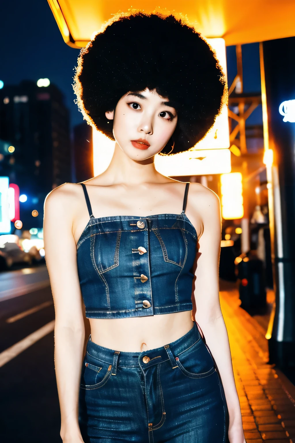 (Cinematic Aesthetic:1.4) Photo of a beautiful korean fashion model bokeh city night with round disco afro wig, crop top, mini jeans,medium bust, 