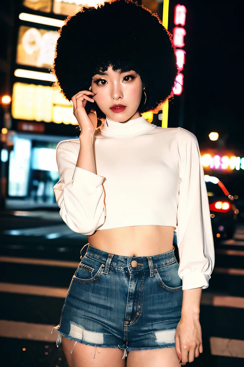 (Cinematic Aesthetic:1.4) Photo of a beautiful korean fashion model bokeh city night with round disco afro wig, crop top, mini jeans,medium bust, 