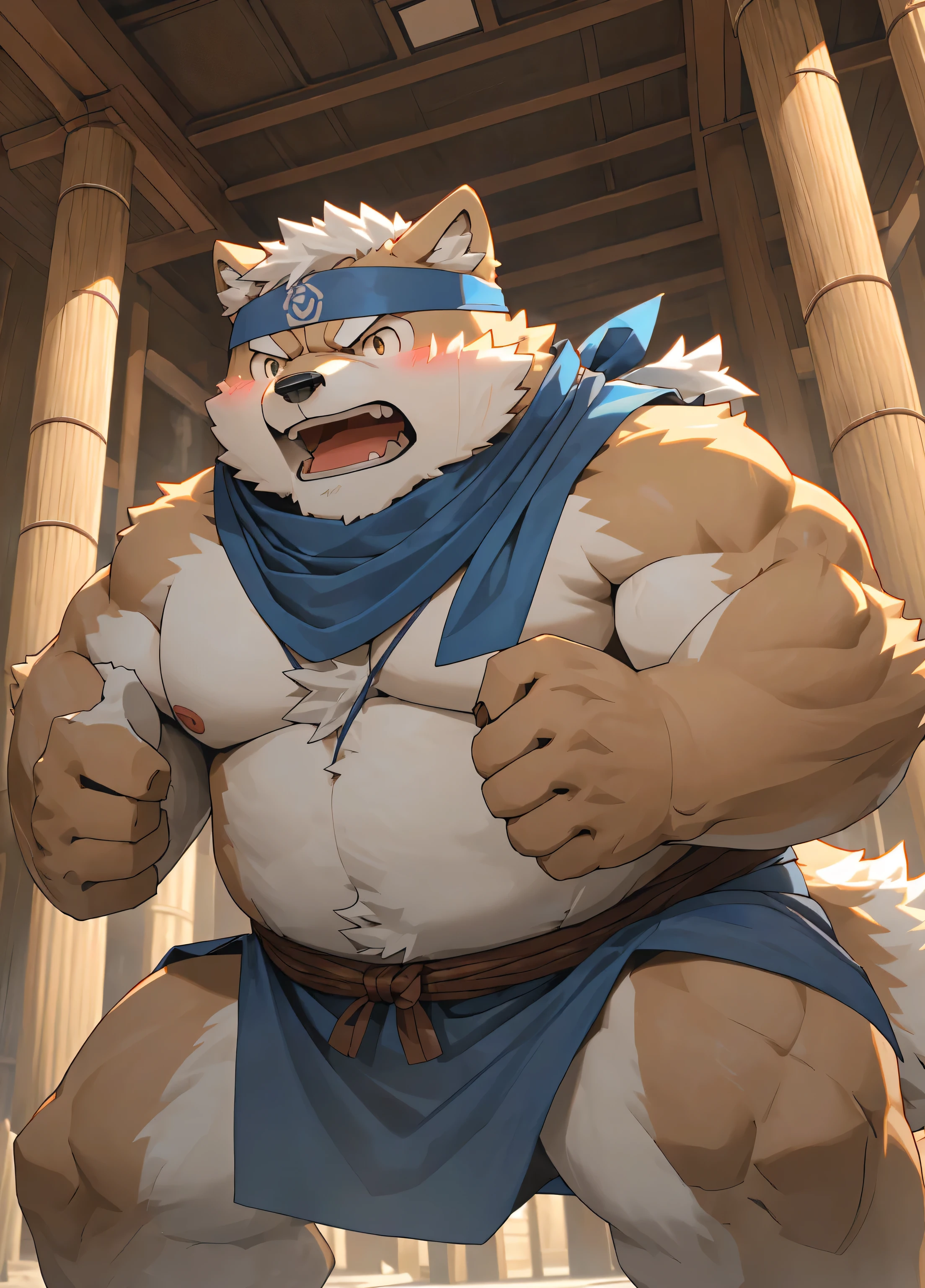 (masterpiece),(Very detailed),(best quality),hairy,Shiba Inu,fur,white hair,Gray pupil,(Japan samurai attire),((blue scarf)),((Brown Headband)),(blush:1.1),(angry),((Fierce expression)),Temple Background,8k,(high quality),(Ultra HD),(Super detailed)