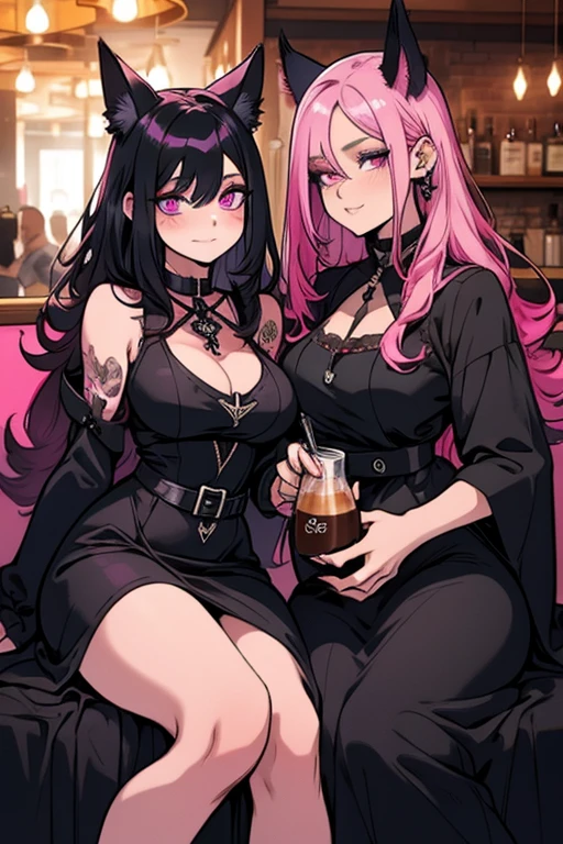 2 heads, a skinny girl with 2 heads. Inside a nightclub. Wearing unzipped hoodie, topless, wearing shorts. Fishnet leggings. Straight black hair. Goth. Wearing black lipstick. Smiling. Enormous breasts. Thick thighs. Black lipstick. Seductive pose, aroused. Horny. Slutty. Blushing. Smoking a cigarette. Gigantic fat saggy tits.