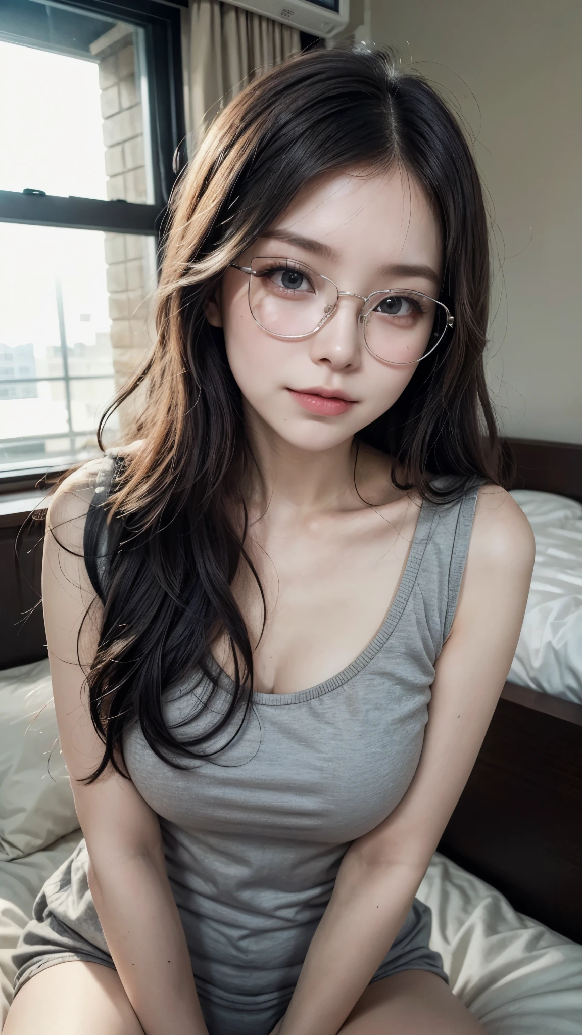 A closeup shot of a cute girl sitting on bed , decorative room, soft lighting, wear glasses, flirting smile, looking to viewers, half body view, natural hair, fashionable hairstyles, in the style of glamour, slightly cleavage, korian-inspired, spectacular backdrops, uhd image, John La Farge, elegantly formal, highly detailed, high quality