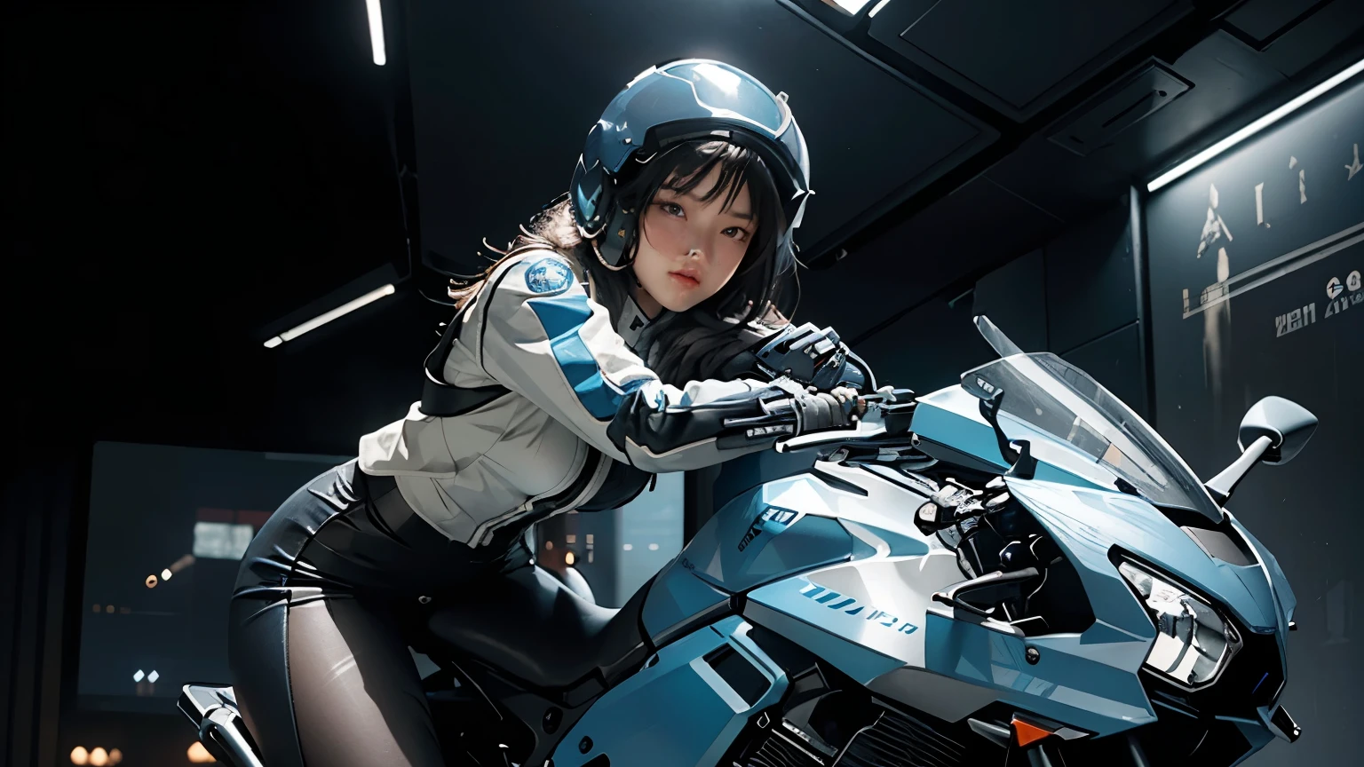Best image quality, Excellent details, Ultra-high resolution, (realism: 1.4), Best illustrations, Favorite Details, Very condensed one girl, Delicate and beautiful features, Wearing a black and blue mech, Wearing a mecha helmet, Hold the directional controller, Riding on motorcycle, The background is a futuristic city high tech lighting scene.