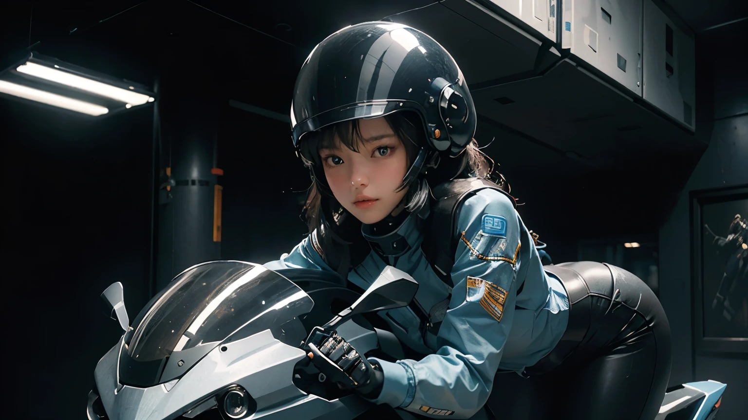 Best image quality, Excellent details, Ultra-high resolution, (realism: 1.4), Best illustrations, Favorite Details, Very condensed one girl, Delicate and beautiful features, Wearing a black and blue mech, Wearing a mecha helmet, Hold the directional controller, Riding on motorcycle, The background is a futuristic city high tech lighting scene.