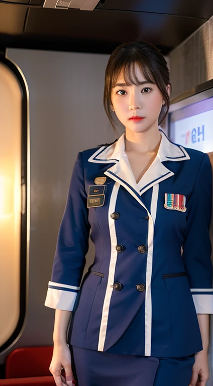 photo of a ultra realistic 4k, hyper realistic, focused, perfect face, beautiful face, lots of fine detail, photography, photorealism, the highest quality, the highest detail, Third-Person View, Long Exposure, 8K, Ultra-HD, ultra details, award-winning photography,
stewardess, in airplane, short hair, ponytail, Korean, Korean idol, Korean beauty, full body, white skirt, blue short sleeve Korean airline uniform,