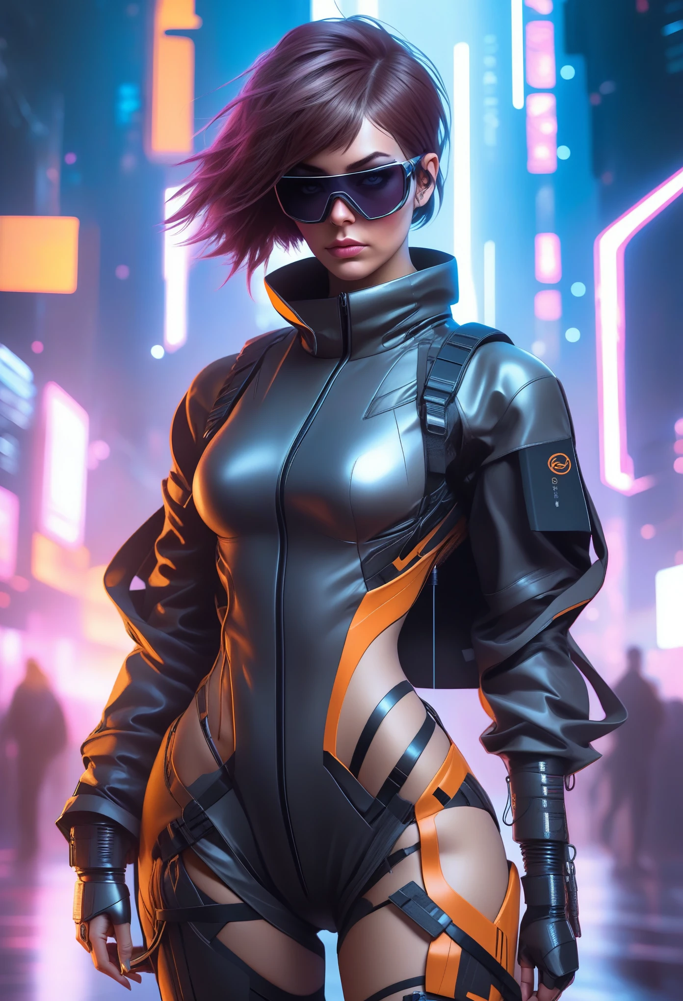 Techwear fashion in the style of artgerm, Cyberpunk Style, 1woman, Velma, cyberpunk clothing, female focus, cyberpunk background, robot, science fiction, solo, full body, wires and cables, . Futuristic, cyberpunk, urban, tactical, sleek, dark, highly detailed