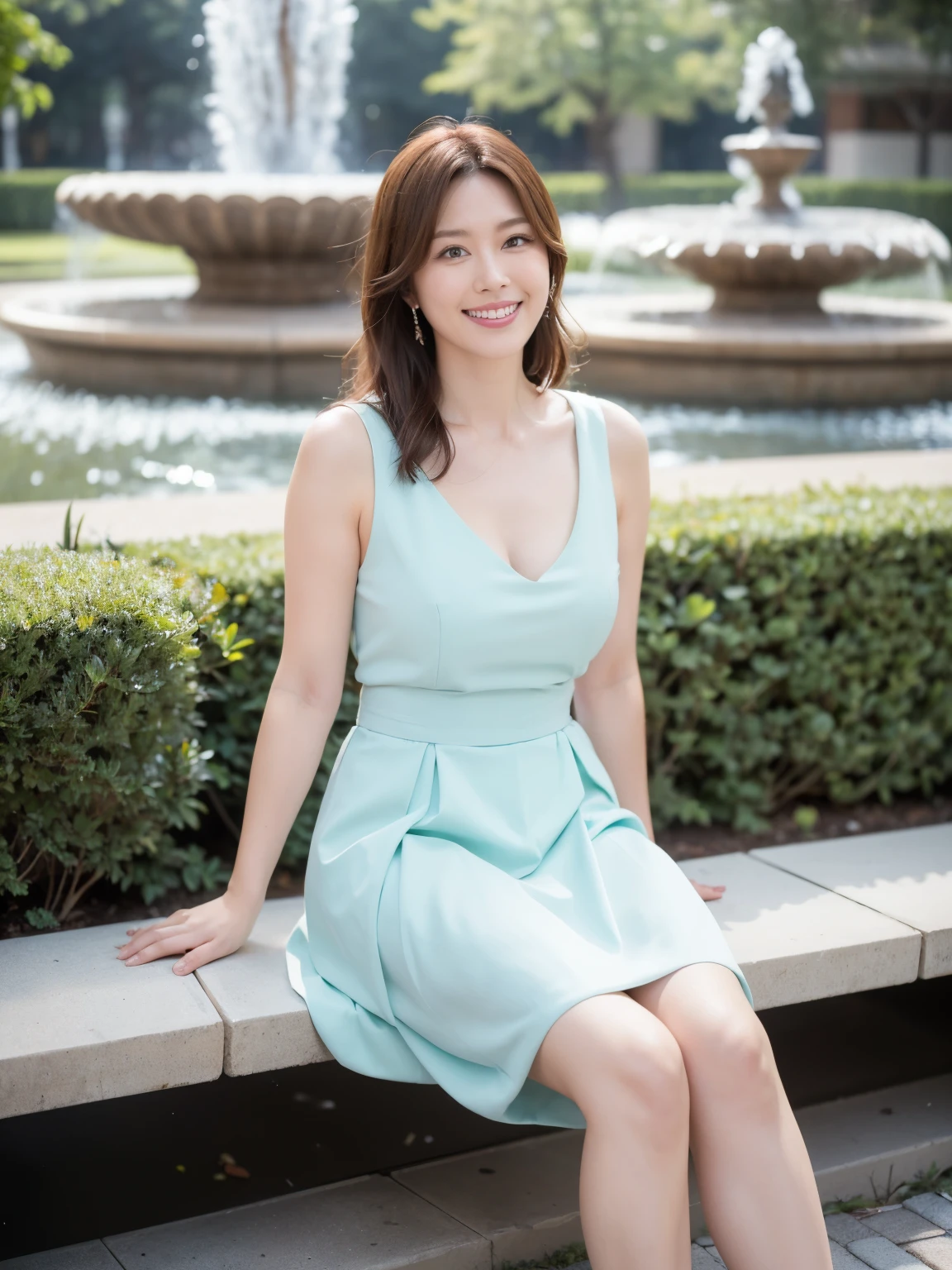 最high quality, In 8K, Masseter region, Vibrant, Sharp focus, high quality, High resolution, Detailed face, fine grain, Thick lips, (Looking at the audience), alone, Beautiful woman, 38 years old, Japanese women, (Short black hair:1.4)、(Bob Hair:1.4), Cleavage, Lunch break、Large city park、Green Grass、In front of a big fountain、(sitting on a park bench:1.3)、(Full body photo:1)、(Pink formal dress:1.5)、(Knee length dresses:1.5)、(Black pumps:1.5)、(Red lipstick:1)、(smile:1.3)、(Standard body type)、(D cup breasts)