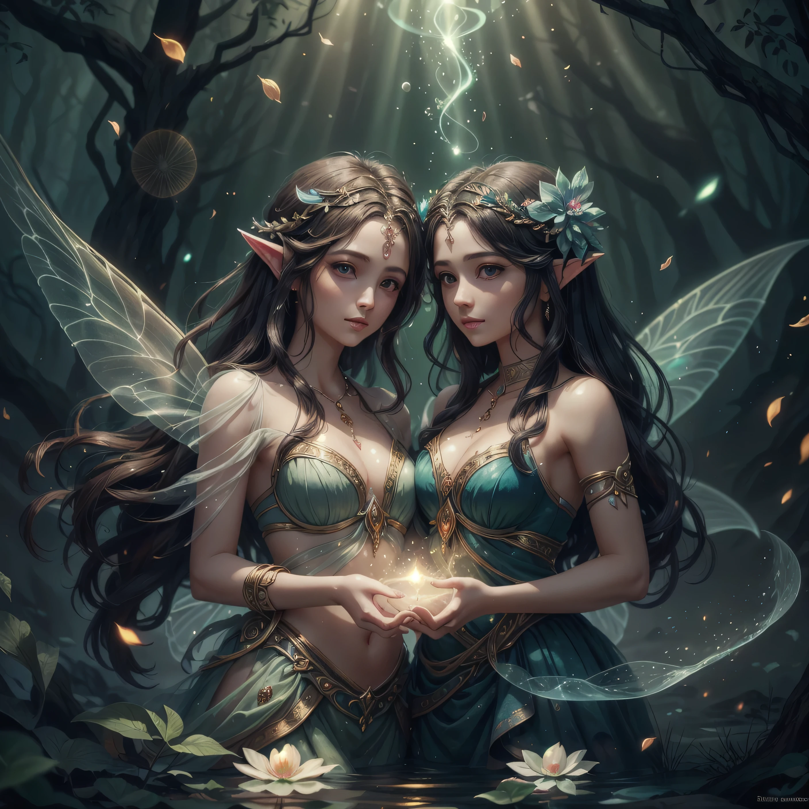 Highest image quality, ultra high definition, masterpiece, flow of life, 2 magical fairies ,mystical dust flowing, stream of life,mystical transcendence,kundalini, light and shadow, particle light, particle special effects, Bioluminescence, beautiful romance, beautiful, dream highest quality, ultra high definition, masterpiece, exquisite CG, exquisite details, rich picture layers, beautiful, perfect details, best quality, highest image quality, high resolution, high definition, 16k, 8k, UHD, HDR, HD,--v5,--ar