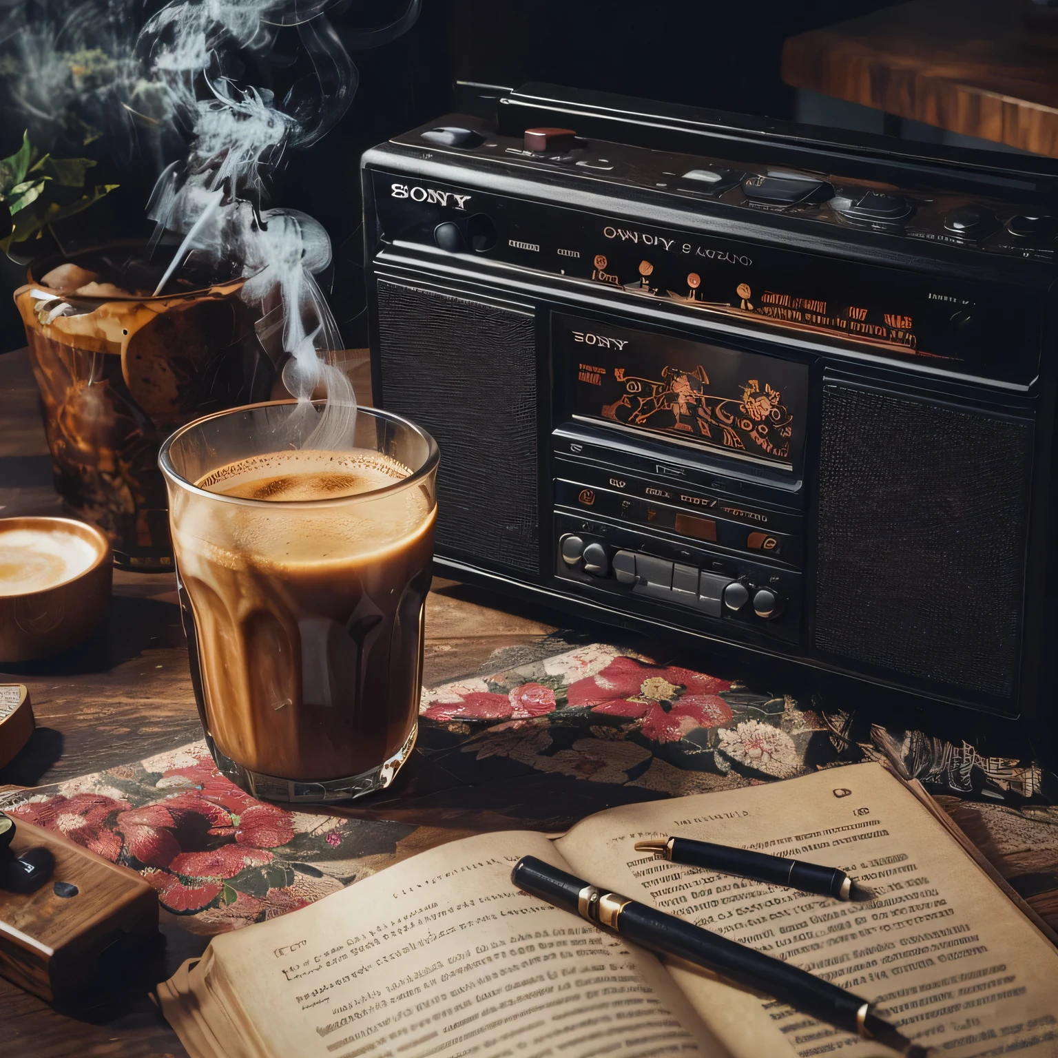 a Sony brand radio, black, on a wooden table with a floral patterned tablecloth, in front of it is a glass of hot coffee with smoke, there is a cigarette in the ashtray, there is a novel. 90s atmosphere, realistic photos