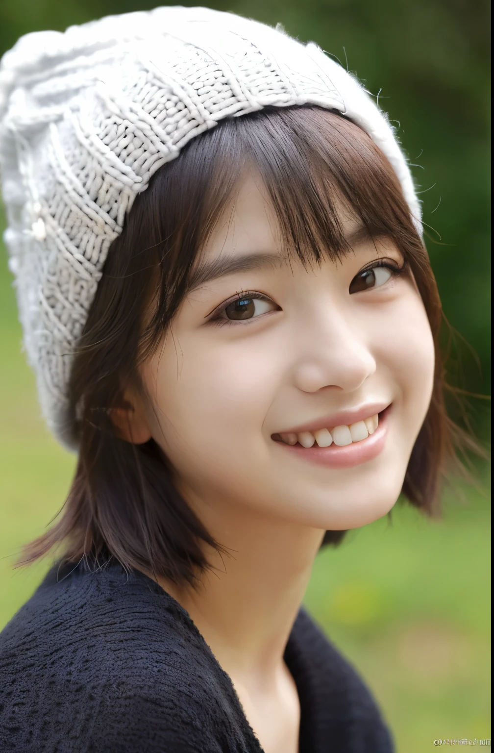 (( SFW: 1.4)), (( Detailed face)), (( SFW, Knitted hat , smile ,, Super Short Hair, side lock hair, Outdoor, 1 girl)), Ultra-high resolution, (Realistic: 1.4), RAW Photos, highest quality, (PhotoRealistic Stick), concentrated, Soft Light, ((15 years old)), ((Japanese)), (( (Young Face))), (surface), (Depth of written boundary), masterpiece, (Realistic), woman, bangs, ((1 girl))