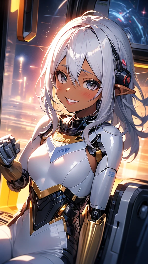 1 elf girl, dark skin, beautiful golden corneas, beautiful silver hair, bob hair, pointed ears, pink lips, sitting in a robot cockpit, outer space, white shiny pilot suit, upper body depiction, viewing Look at people, smile kindly, put on goggles,