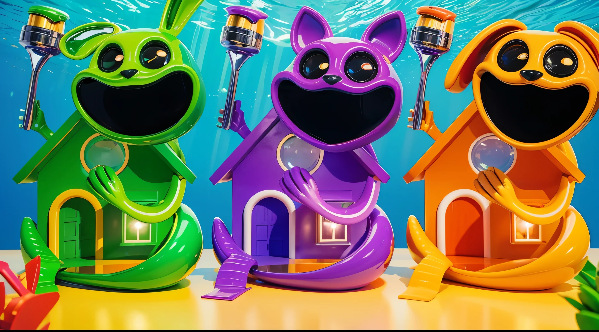The image depicts three houses made of fish tails, sitting on the ocean floor. The left house is green, the middle one is purple, and the right one is orange. 3d underwater world algae sand. The image depicts a 3D rendered illustration of a boy and a girl with their hands shaped in the shape of a heart. They are both smiling and have red hair. The background is blue. cartoon characters stand next to each other, Electricsbunny, Holographic creatures, Beeple and Jeremiah Ketner, 🐋 as 🐘 as 🤖 as 👽 as 🐳, matte, Rabbids, cute 3D rendering, 3D icon for mobile game, robot rabbit, Shiny metallic, 3D персонажи violet cat toy, toy cat laying on glossy , glossy texture, smooth 3d model, multiple light sources, rim light, sharp post effects render, (glossy big light probe refractions), perfect cgi, cgi art created only with gradients, smooth silhouette, high intensity refraction, ( ), most beautiful vfx, blue background