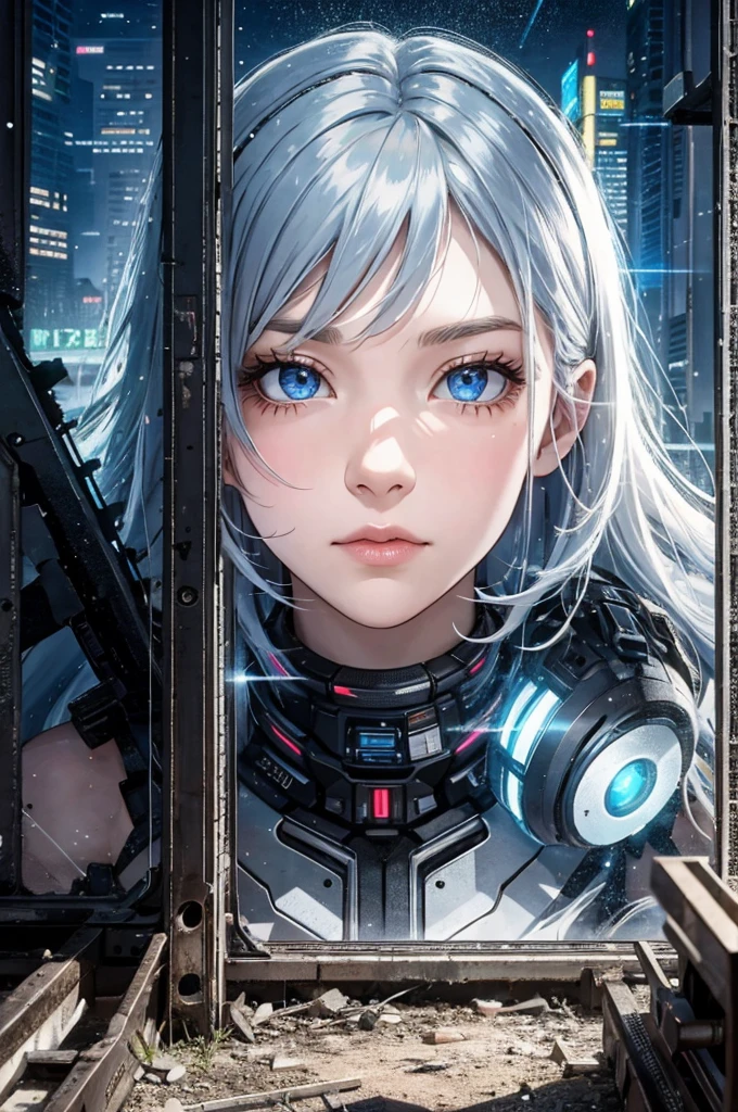 absurd,high resolution,reflector,refraction:1.4,Ultra-fine:1.4,(Reality:1.4,Ultra-high resolution,RAW photos),rest(Cyberpunk personality:1.3),Droid,girl,Silver Hair,Upper part of the body,Beautiful face and cold expression,in dark and decaying ruins,(Ultra wide angle:1.2),Shoot Blake from below((Neon,Vibrant light,Dynamic Color,sharp contrast,Future atmosphere,Electricity,Bright reflective surface))