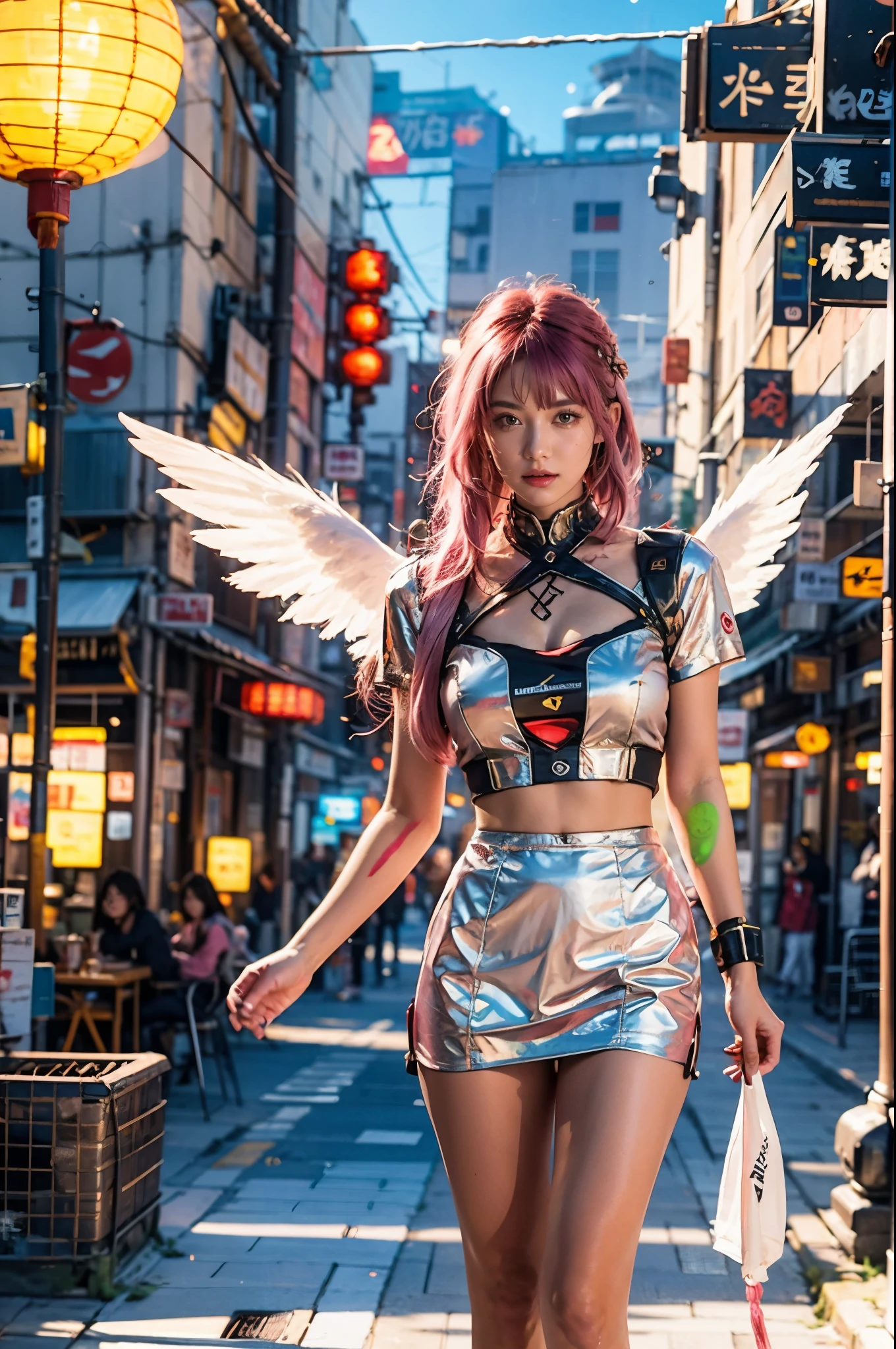 ((masterpiece, best quality, extremely detailed), centered, volumetric lighting, ambient occlusion, colorful, glowing), 1girl, solo, young girl, (pink hair), long hair, halo, aura, sacred, godness, cyber suit, (white outfit:1.3), android, bot, angel wings, outdoors, sunset, sky, clouds, space, (cyberpunk theme:1.2), risbeauty chinese,
