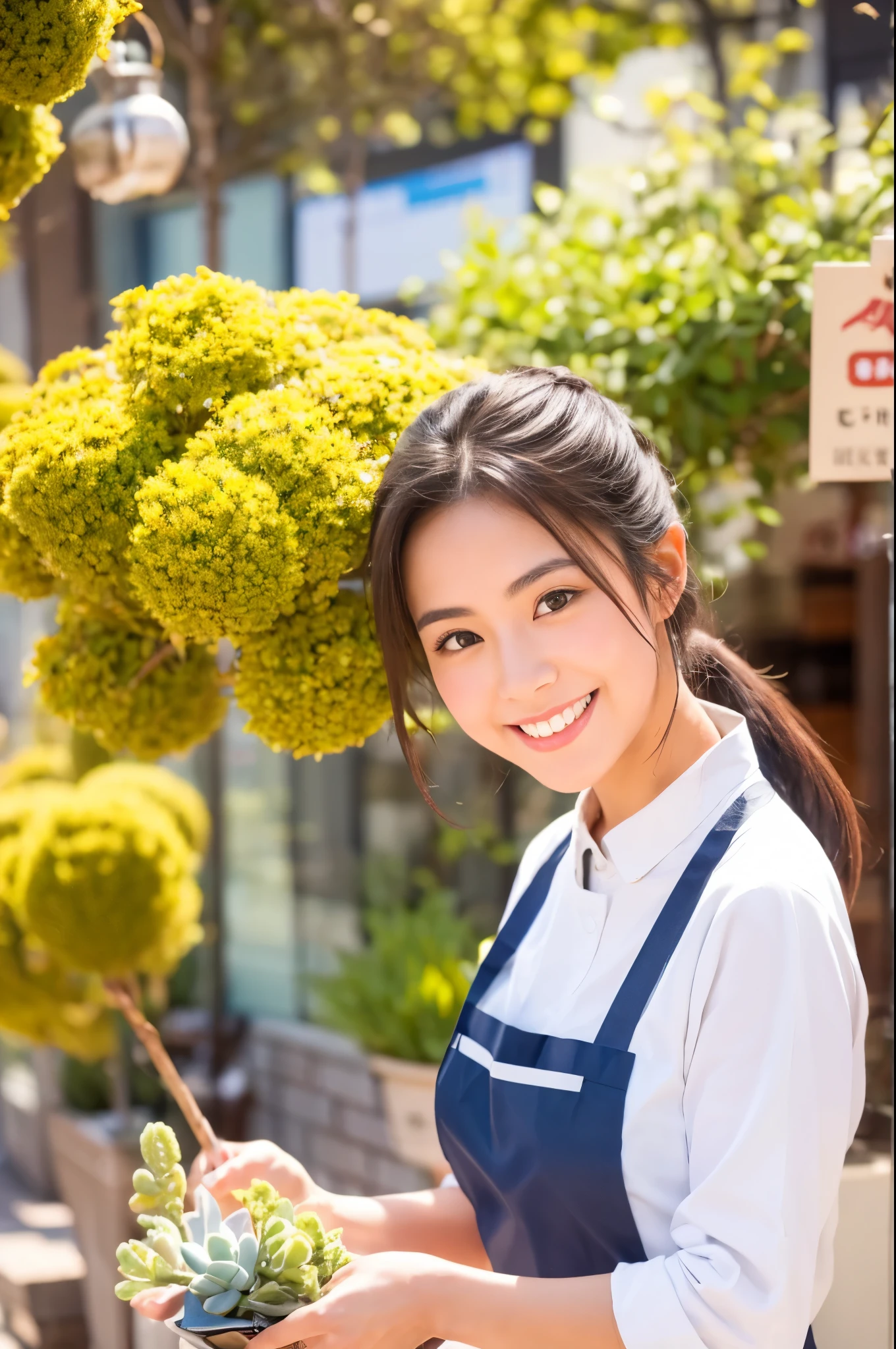 ((masterpiece,best quaLightingy 1.4)), (8k,RAW Photos:1.2), (Realistic,photo Realistic:1.4), Ultra-high resolution , (Highly detailed 8k wallpaper) ,Japanese Idols, Japanese actress, Japanese, very cute, Big eyes, Highly detailed eyes and face, Beautiful eyes in every detail,Shiny skin,Portraiture,(ponytail :1.2),(smile:1.3) ,(Holding a bouquet:1.2),Lighting, Sharp focus, Written boundary depth , (Dynamic Angle:1.4 ). Blur the background, Bokeh, (apron:1.3) ,A small flower shop bathed in spring sunlight, Colorful flowers lined up. In front of the shop, Vibrant bouquets and hanging succulents on display... The background is cobblestones and old-fashioned streetscapes..