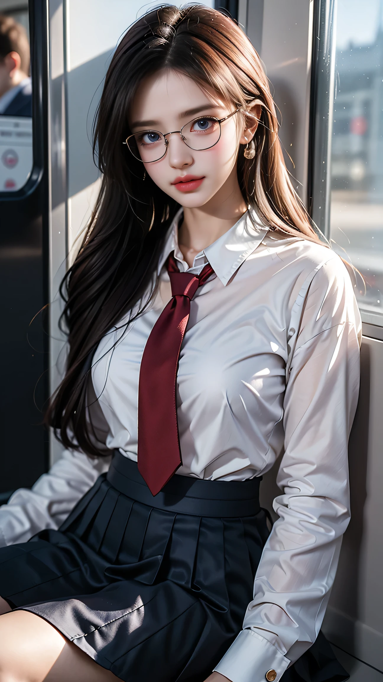Best quality work,actual work,Ultra Premium Graphics,8K HD CG Works,High quality graphics,High-definition CG works,10x pixels,Extremely fine detail:1.1,Advanced Technical Details:1.1 Photorealistic,Indoor lighting effects:1.5,Natural light:1.5. Light effects(virtual Light effects:1.8),(maroon short hair)、(Bob Hair),Clear Eyes,Beautiful double eyelids,Sharp eye makeup, Delicate eyelash makeup, Thin eyebrows, Highly detailed eyes,High nose, Nice red lips, Rose Cheeks, Modest makeup face , Cute face, Perfectly balanced face,(Advanced Face Detail:1.1),(Girl sitting on train seat)、Best quality work,actual work,Ultra Premium Graphics,8K HD CG Works,High quality graphics,High-definition CG works,10x pixels,Extremely fine detail:1.1,Advanced Technical Details:1.1 Photorealistic,Indoor lighting effects:1.5,Natural light:1.5. Light effects(virtual Light effects:1.8), Thin eyebrows,High nose, Nice red lips, Rose Cheeks, Modest makeup face , Cute face, Perfectly balanced face,(A girl wearing),Light-colored foundations enhance the clarity of your skin..,((High school girl sitting at the train door)),(White blouse)、(Red tie)、(Dark blue checked skirt) 40k, photograph, ((Wearing glasses, )). White skin, highest quality, Tabletop, Ultra-high resolution, (Realistic:1.4), RAWphotograph, (Perfect figure), (slim:1.3), Slim abdomen, Perfect slim figure, Dynamic pose, alone, Cold light 12000K, Highly detailed face and skin texture, fine grain, Realistic eyes, Beautiful fine grain, (Realistic Skin), charm, 超A high resolution, Surreal、