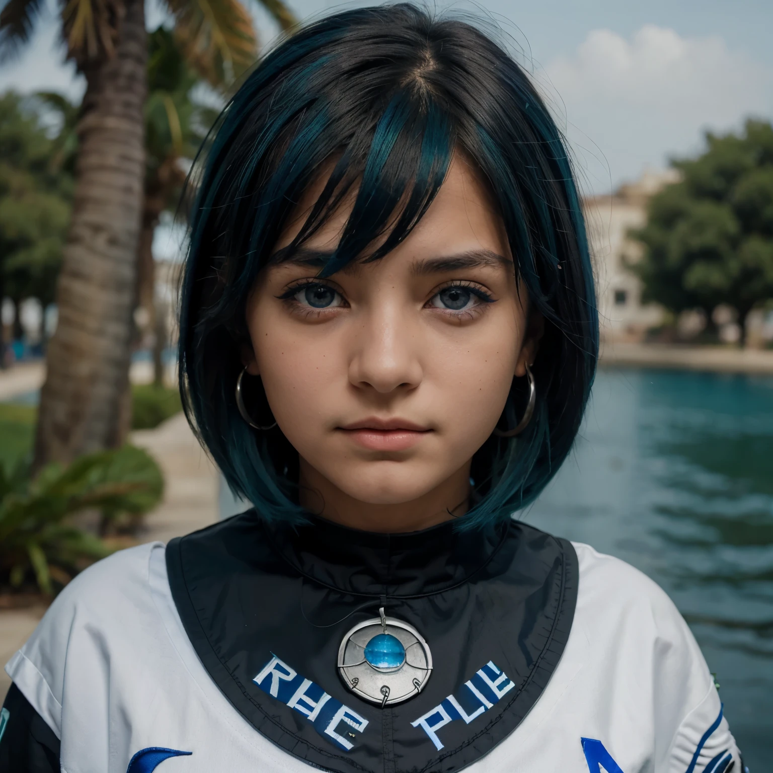 girl with one green eye and the other blue, cabello negro y mechones blancos al frente de la cara como un lunar de canas.