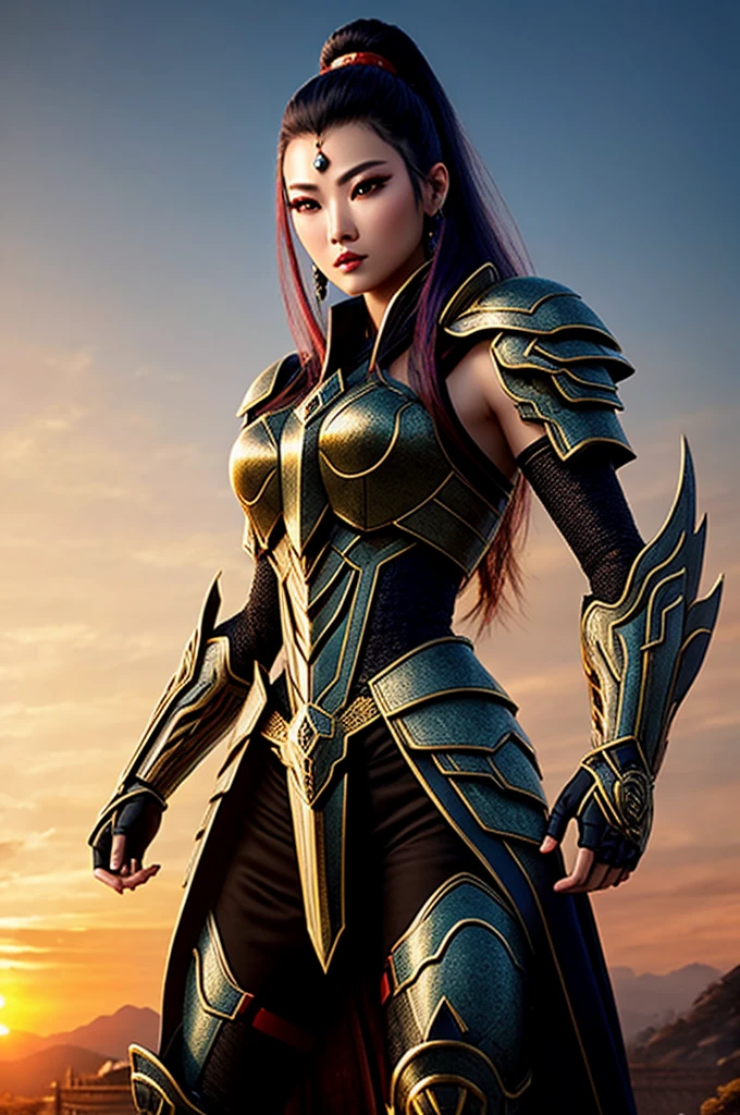 Beautiful robot warrior, young asian woman，Cyberpunk enhancement, Cyber Software, , carbon fiber, Chrome, Implants, metal skull, Network plate armor, (sunny:1.2), (Sunset & Twilight),, scar, (Silvery medium-length messy hair:1.1), (Eyeshadow:1.1), (beautifully detailed glow:1.2), (Movie Lighting), Intricate details, high resolution, Round eyes, Detailed facial features, Clear focus, Smooth, Aesthetic, Detailed dark ancient Chinese architecture background, Fashion pose, Dynamic poses, (drama), (opt-6000:0.9)