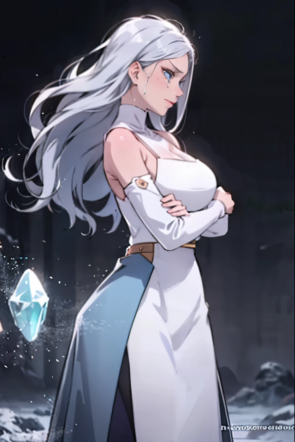 
Blue eyes, Crystal maiden, ice powers, crying, heavy busty, white skin, long hair, white hair, medieval clothes,  medieval background