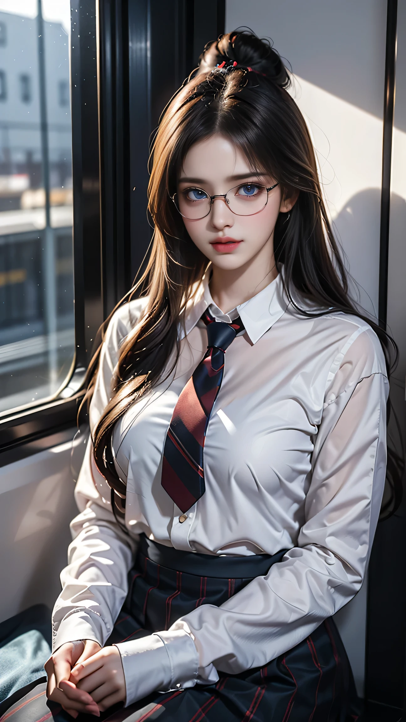 Best quality work,actual work,Ultra Premium Graphics,8K HD CG Works,High quality graphics,High-definition CG works,10x pixels,Extremely fine detail:1.1,Advanced Technical Details:1.1 Photorealistic,Indoor lighting effects:1.5,Natural light:1.5. Light effects(virtual Light effects:1.8),(maroon short hair)、(Bob Hair),Clear Eyes,Beautiful double eyelids,Sharp eye makeup, Delicate eyelash makeup, Thin eyebrows, Highly detailed eyes,High nose, Nice red lips, Rose Cheeks, Modest makeup face , Cute face, Perfectly balanced face,(Advanced Face Detail:1.1),(Girl sitting on train seat)、Best quality work,actual work,Ultra Premium Graphics,8K HD CG Works,High quality graphics,High-definition CG works,10x pixels,Extremely fine detail:1.1,Advanced Technical Details:1.1 Photorealistic,Indoor lighting effects:1.5,Natural light:1.5. Light effects(virtual Light effects:1.8), Thin eyebrows,High nose, Nice red lips, Rose Cheeks, Modest makeup face , Cute face, Perfectly balanced face,(A girl wearing),Light-colored foundations enhance the clarity of your skin..,((High school girl sitting at the train door)),(White blouse)、(Red tie)、(Dark blue checked skirt) 40k, photograph, ((Wearing glasses, )). White skin, highest quality, Tabletop, Ultra-high resolution, (Realistic:1.4), RAWphotograph, (Perfect figure), (slim:1.3), Slim abdomen, Perfect slim figure, Dynamic pose, alone, Cold light 12000K, Highly detailed face and skin texture, fine grain, Realistic eyes, Beautiful fine grain, (Realistic Skin), charm, 超A high resolution, Surreal、