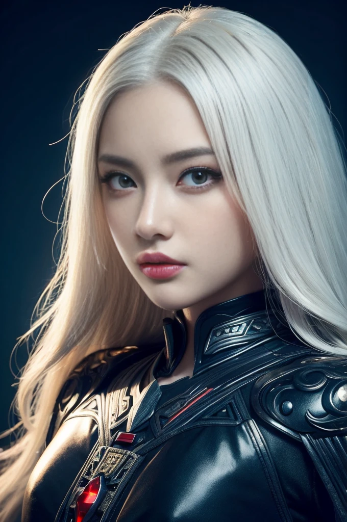 Portrait of a beautiful girl with wavy white hair, Wear a formal black dress with metallic parts, Red Eyes, Letter combination on background, number, Dark, 8k, Intricate details, High quality, 复古future风格, Sharp focus on the center, Soft colors, Art Station, (Science Fiction, future, future theme), (A contemptuous expression appeared on his face), (Detailed description)