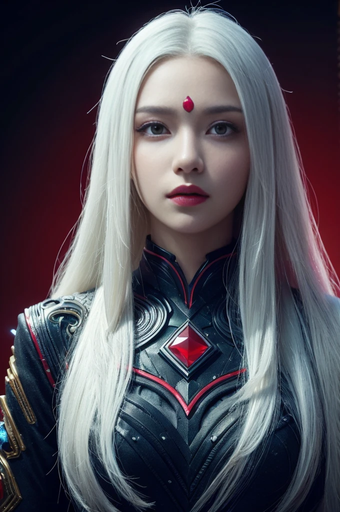 Portrait of a beautiful girl with wavy white hair, Wear a formal black dress with metallic parts, Red Eyes, Letter combination on background, number, Dark, 8k, Intricate details, High quality, 复古future风格, Sharp focus on the center, Soft colors, Art Station, (Science Fiction, future, future theme), (A contemptuous expression appeared on his face), (Detailed description)