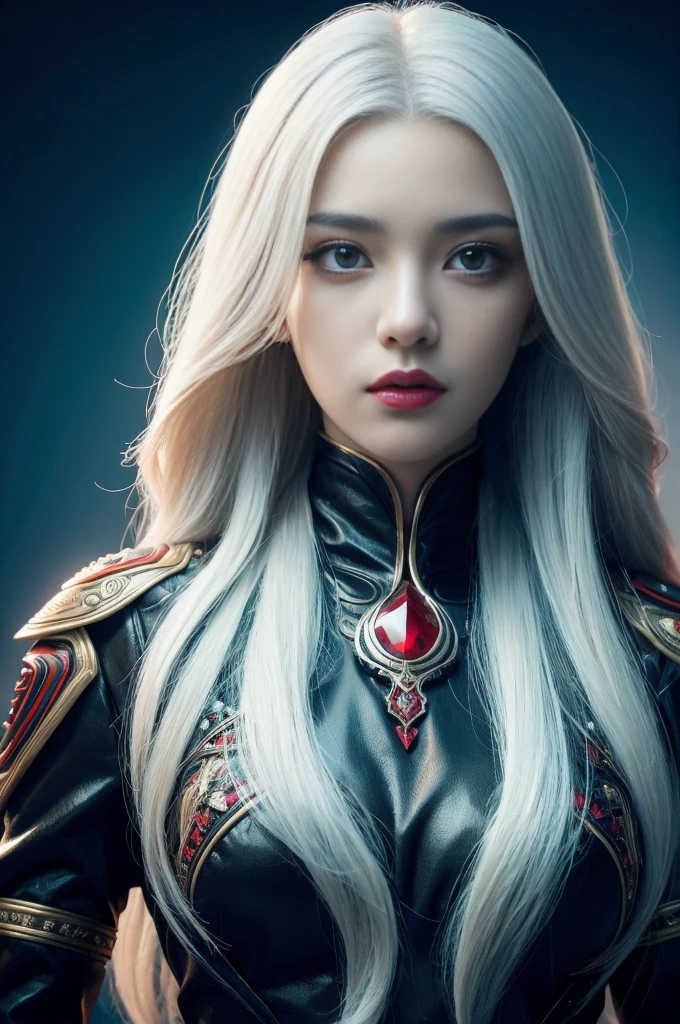 Portrait of a beautiful girl with wavy white hair, Wear a formal black dress with metallic parts, Red Eyes, Letter combination on background, number, Dark, 8k, Intricate details, High quality, 复古future风格, Sharp focus on the center, Soft colors, Art Station, (Science Fiction, future, future theme), (A contemptuous expression appeared on his face), (Detailed description)