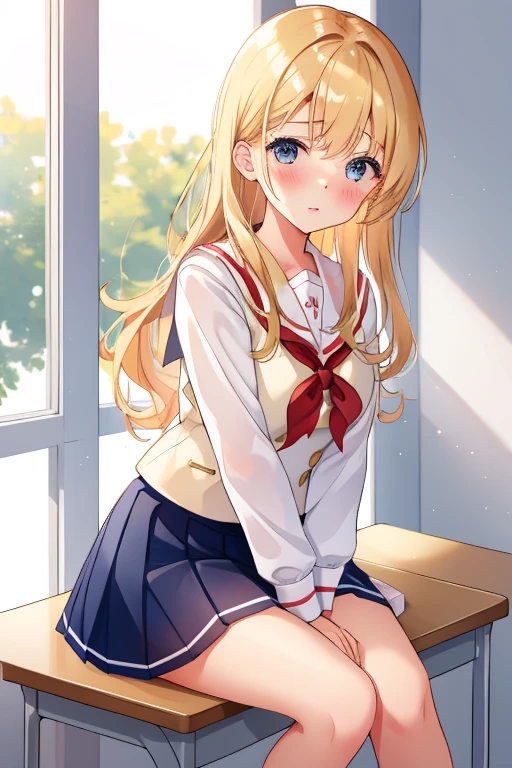 Girl in a sailor suit Pleated skirt mini skirt Beautiful long blonde hair classroom Tears are overflowing from my eyes Embarrassing thighvibe Leaning forward Hold your crotch with both hands Masturbation