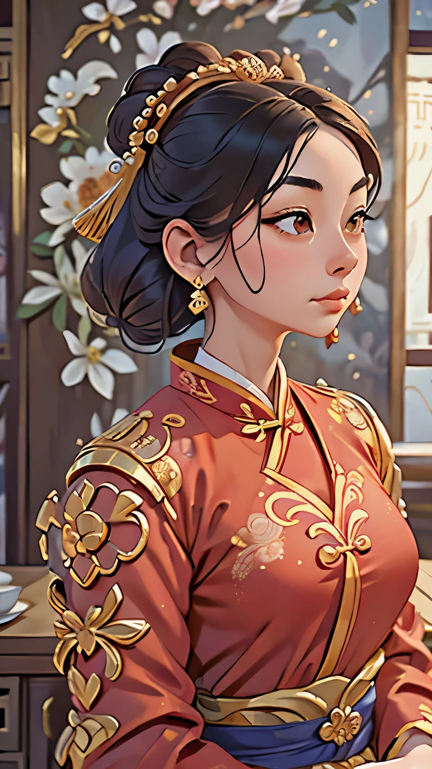 a close up of a woman wearing a red and gold dress, ancient chinese princess, beautiful render of tang dynasty, chinese empress, traditional chinese, wearing ancient chinese clothes, hanfu, chinese costume, chinese style, palace ， a girl in hanfu, traditional chinese clothing, inspired by Gu An, ancient asian dynasty princess, asian hyperdetailed, traditional beauty, chinese princess