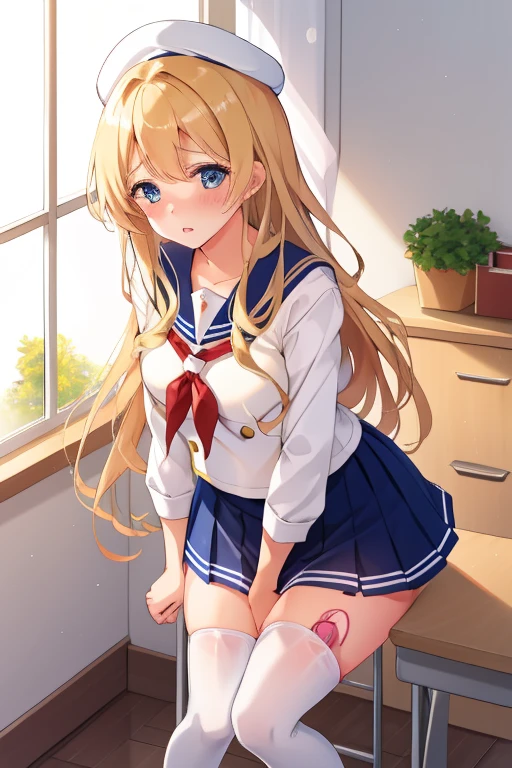 Girl in a sailor suit　Pleated skirt　mini skirt　Beautiful long blonde hair　classroom　Tears are overflowing from my eyes　Embarrassing　vibrator in thighhighs　thighvibe　Leaning forward　Hold your crotch with both hands