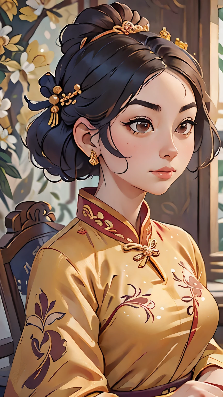 a close up of a woman wearing a red and gold dress, a detailed painting inspired by Gu An, trending on cgsociety, cloisonnism, ancient chinese princess, beautiful render of tang dynasty, chinese empress, traditional chinese, wearing ancient chinese clothes, hanfu, chinese costume, chinese style, palace , a girl in hanfu, traditional chinese clothing