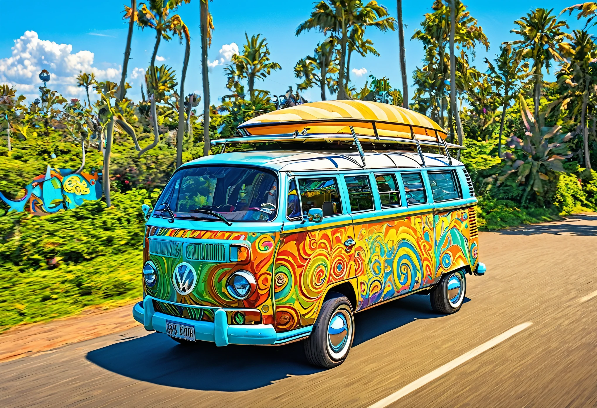 A drawing of a van with a dog and a surfboard,, Shutterstock Contest Winner, Psychedelic Art, caravan, Flashy and colorful, Road Trips, hippie, Bull, hippie pad, microbus, A masterpiece of bright light, vw microbus driving, full of colour w 1024, detailed, combination