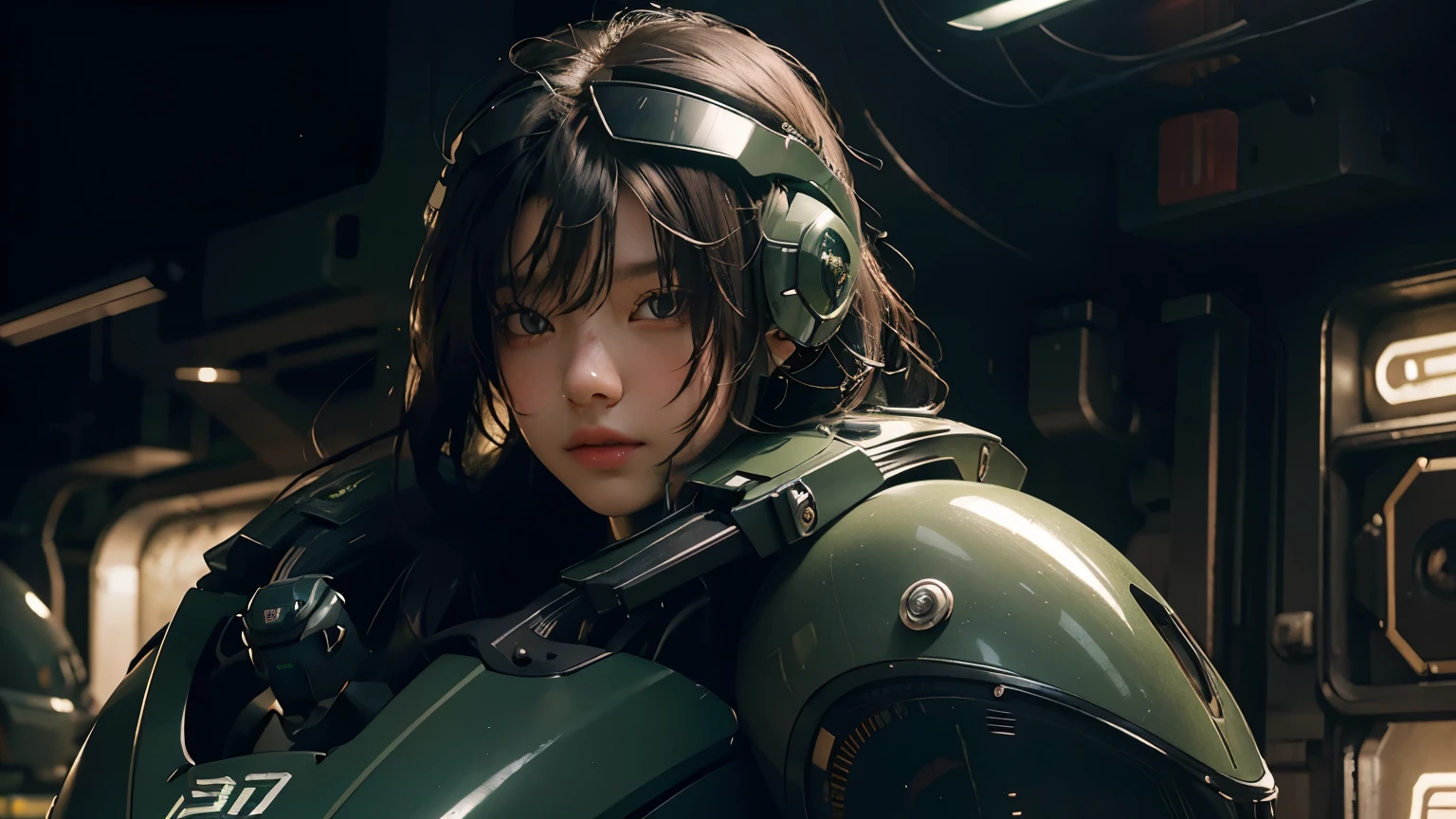Best image quality, Excellent details, Ultra-high resolution, (realism: 1.4), Best illustrations, Favorite Details, Very condensed one girl, Delicate and beautiful features, Wearing a black and green mech, Wearing a mecha helmet, Hold the directional controller, Riding on motorcycle, The background is a futuristic city high tech lighting scene.