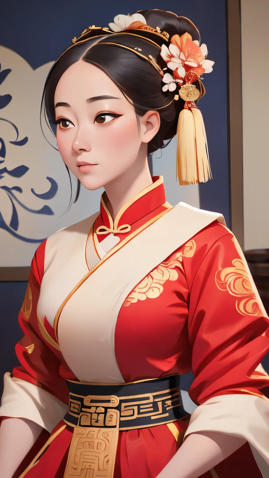 a close up of a woman wearing a red and gold dress, ancient chinese princess, beautiful render of tang dynasty, chinese empress, traditional chinese, wearing ancient chinese clothes, hanfu, chinese costume, chinese style, palace ， a girl in hanfu, traditional chinese clothing, inspired by Gu An, ancient asian dynasty princess, asian hyperdetailed, traditional beauty, chinese princess