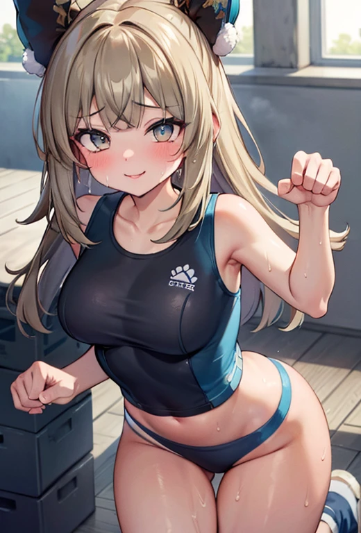 masterpiece,16k,8k,Delicate expression,highest quality,high resolution,High resolution,Sweat,1girl, paw pose,look up,look at viewer,  smile, sweat stains, training wear