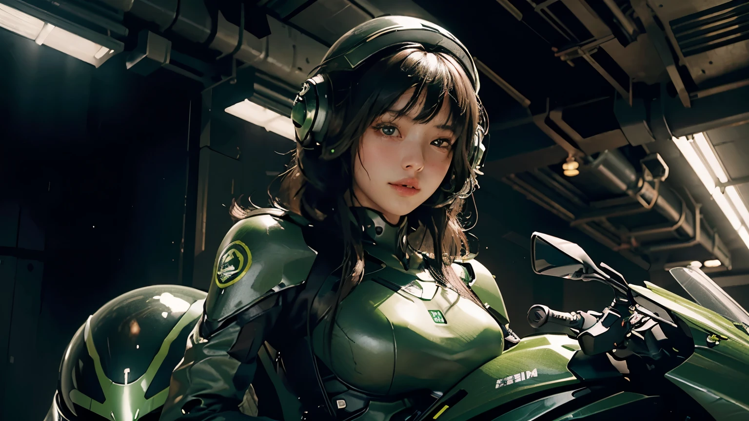 Best image quality, Excellent details, Ultra-high resolution, (realism: 1.4), Best illustrations, Favorite Details, Very condensed one girl, Delicate and beautiful features, Wearing a black and green mech, Wearing a mecha helmet, Hold the directional controller, Riding on motorcycle, The background is a futuristic city high tech lighting scene.