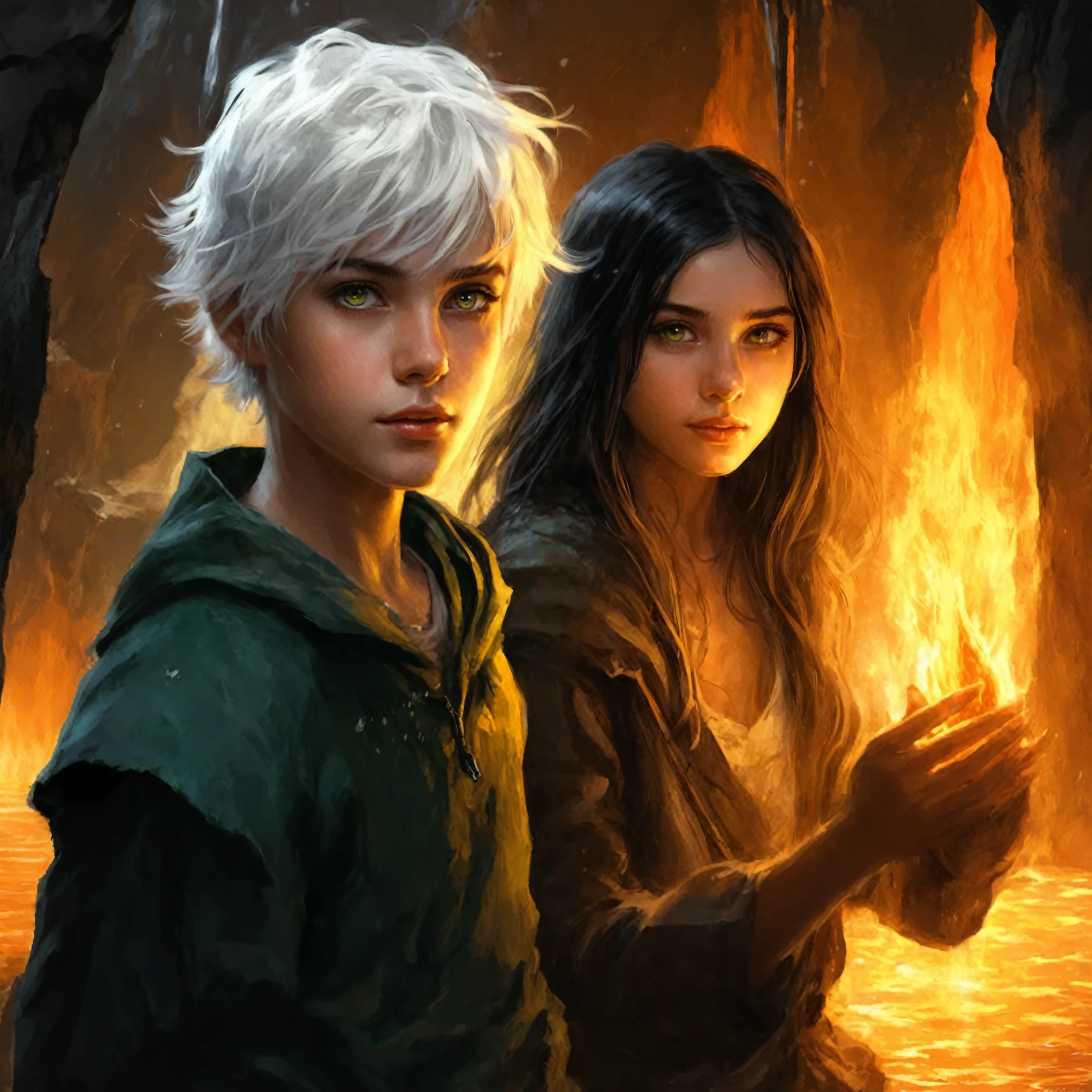 13 years, boy with green eyes and white hair, with water in hands, and a girl with yellow eyes, with dark hair, with water in hands, walk on water into a fiery cave , книжный portrait в жанре РПГ, portrait из "Dungeons and Dragons", фэнтезийный portrait, fantasy book illustration, graphic artist magali villeneuve, авторский portrait в лицах, концепт-арт portrait в стиле фэнтези, realistic fantasy style illustration, portrait, эпический ролевой portrait, portrait снизу, ролевой portrait.