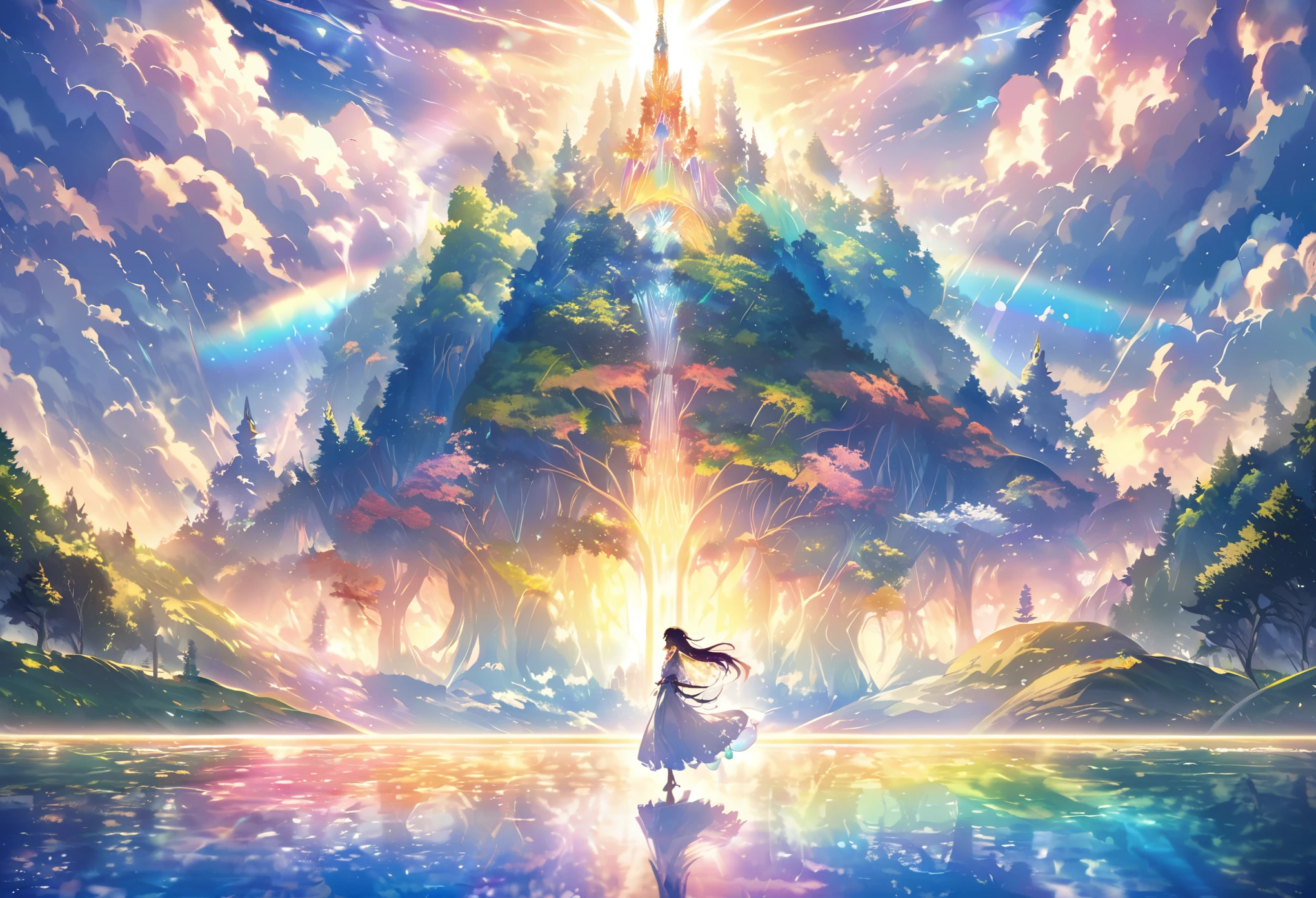The charming Dream Island, Beautiful Vision. Sunlight dancing in the mist, The lake casts dappled shadows，Reflecting the surrounding mountains. A towering lighthouse reaches up into the sky, Its facets reflect a rainbow of colors.. The forest is filled with bizarre trees and playful creatures, Creating a tapestry of light and shadow that captivates the soul.