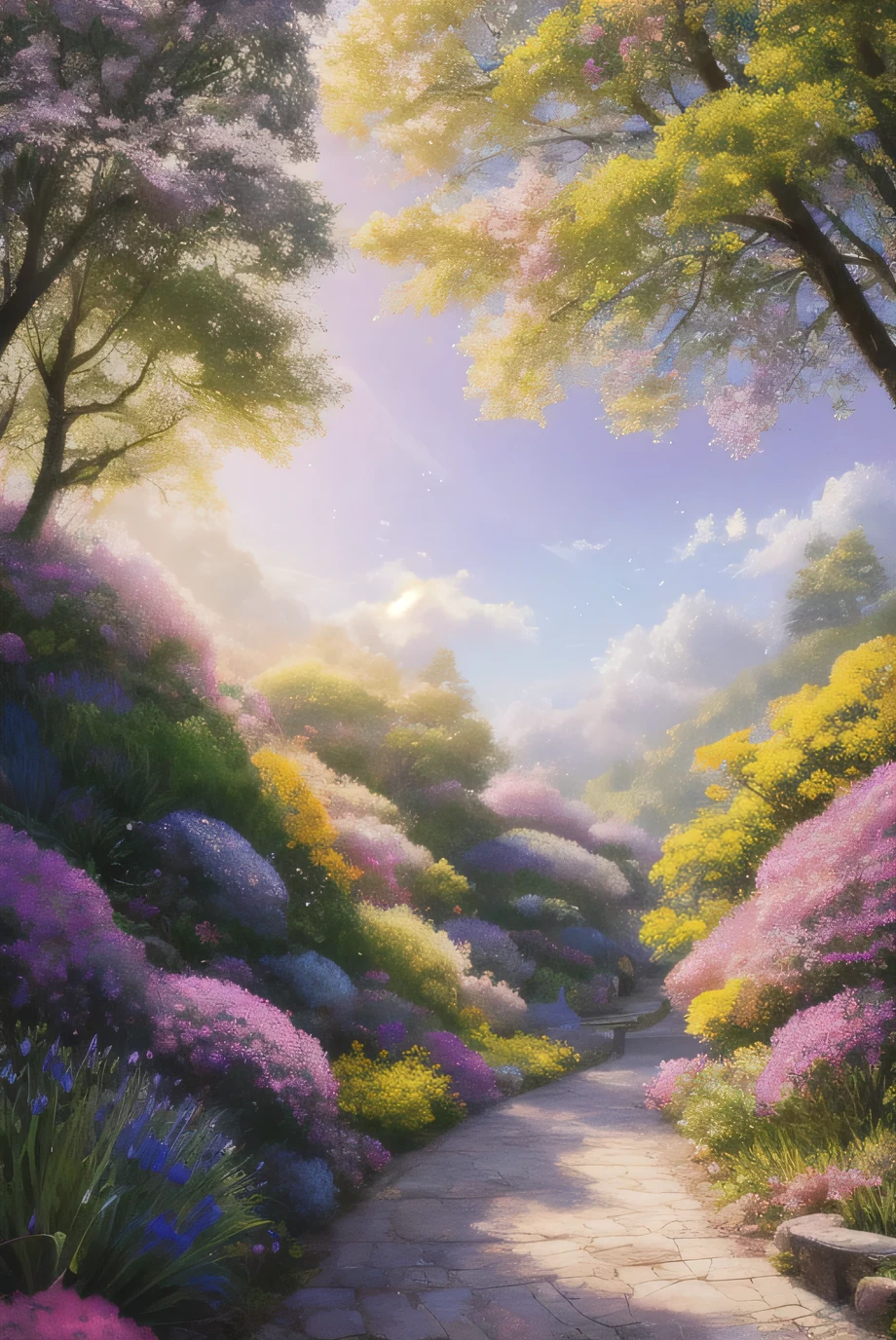 masterpiece, 最high quality, high quality,Very detailed CG unity 8k wallpaper, Lavender and marigolds in bloom,Sunlight is shining in,Enchanting and dreamy fantasy forest scenery, Towering Tree々with, Glowing Mushroom, hidden fairy valley, Creates a sense of mystery and fascination, Art Station, Digital Illustration, Complex, trend, pastel colour, oil, Award-winning photography, Bokeh, Depth of written boundary, High resolution, bloom, chromatic aberration ,Realistic,Very detailed, trend on Art Station, trend on CGsociety, Complex, Attention to detail, dramatic, art:Mid Journey