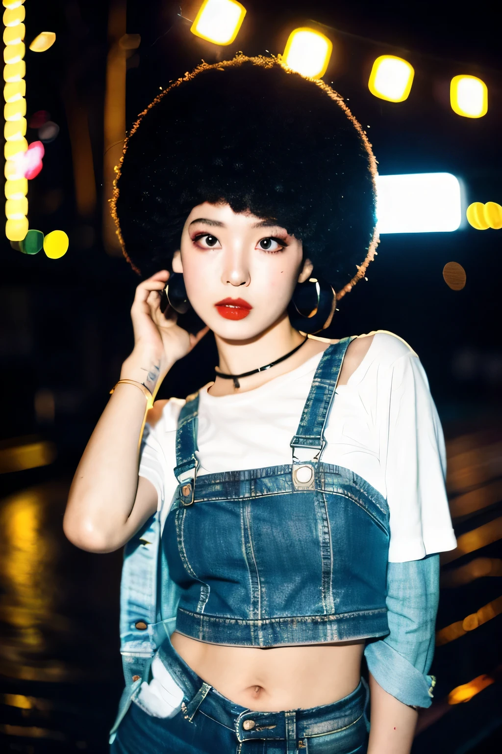 (Cinematic Aesthetic:1.4) Photo of a beautiful korean fashion model bokeh city night with round disco afro wig, crop top, mini jeans,medium bust, 