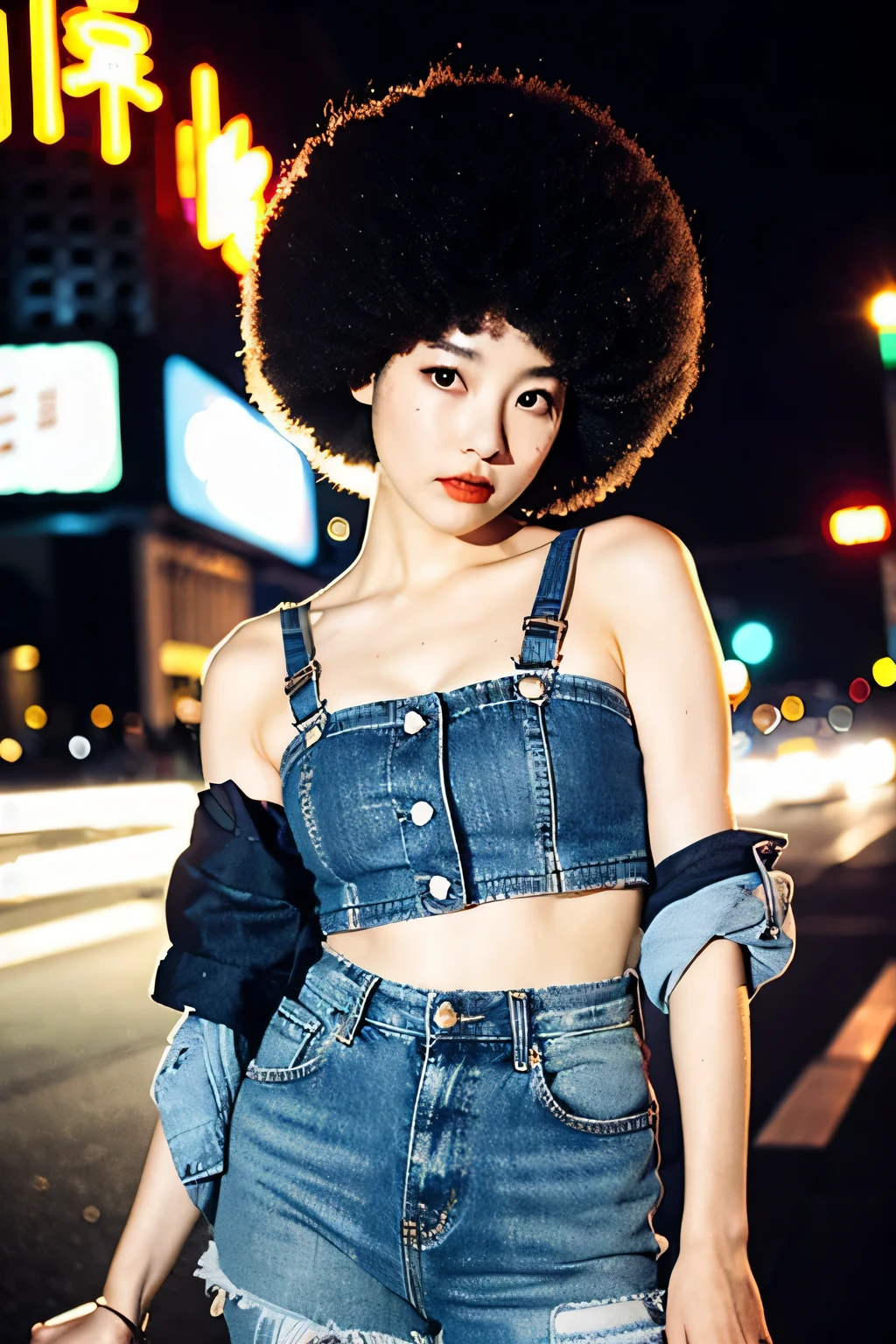 (Cinematic Aesthetic:1.4) Photo of a beautiful korean fashion model bokeh city night with round disco afro wig, crop top, mini jeans,medium bust, 