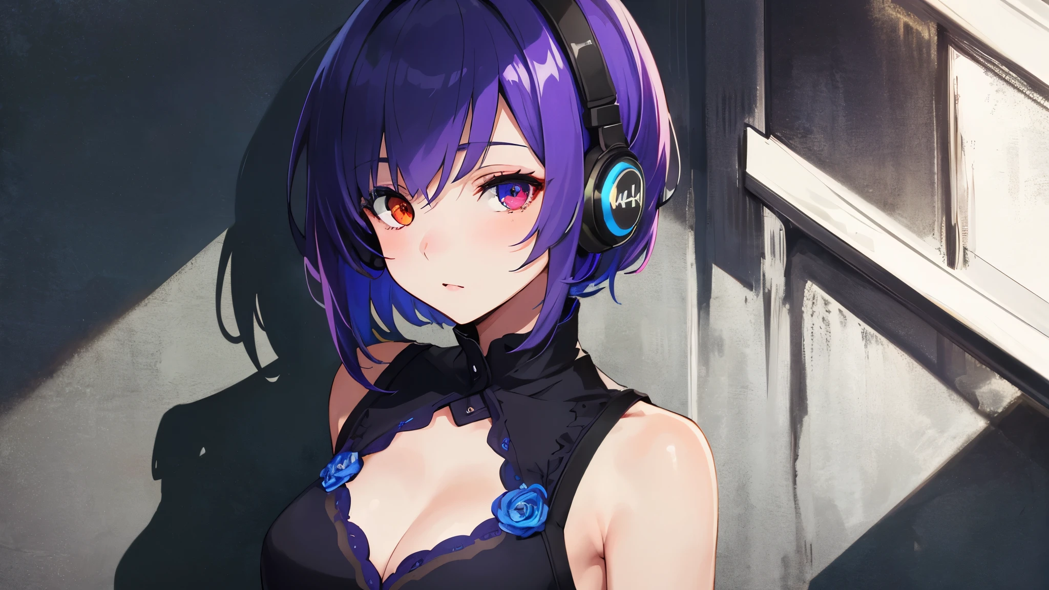 (masterpiece, highest quality, Very detailed, Best Shadow), (Beautifully detailed face), High Contrast,1girl,only,short hair,purple hair,heterochromia(red eyes,blue eyes),Upper Eye,The clothes are mainly black,High exposure,whole body,Wear headphones