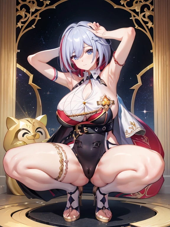 masterpiece, highest quality:1.2), One woman, alone, topaz ，topaz\(honkai star rail\), ,Shiny skin,、Very thick legs、Long legs、Bare legs、Very huge breasts、side、Armpit、Do not draw below the knees、Erotic squatting、Put your hands behind your head