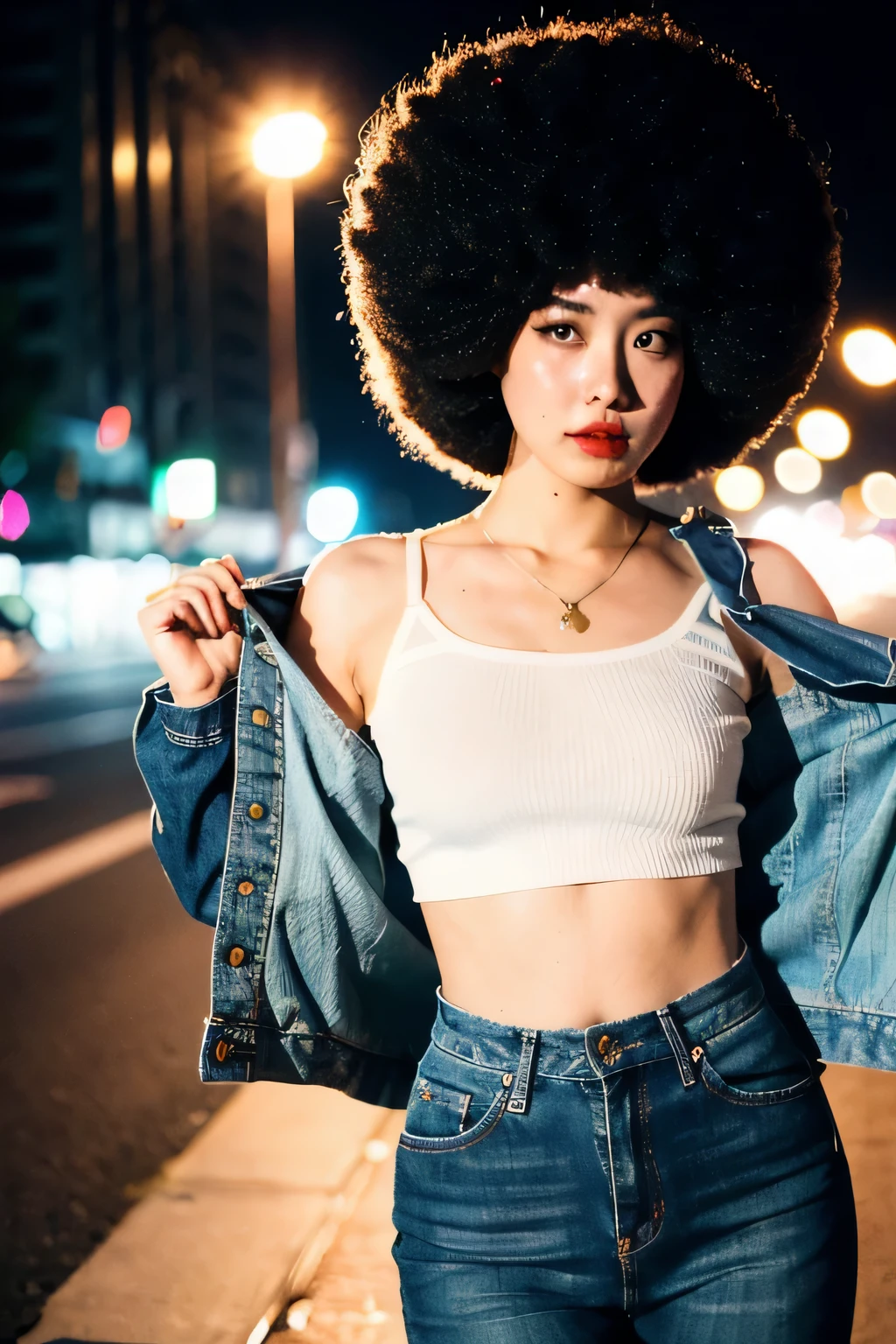 (Cinematic Aesthetic:1.4) Photo of a beautiful korean fashion model bokeh city night with round disco afro wig, crop top, mini jeans,medium bust, 