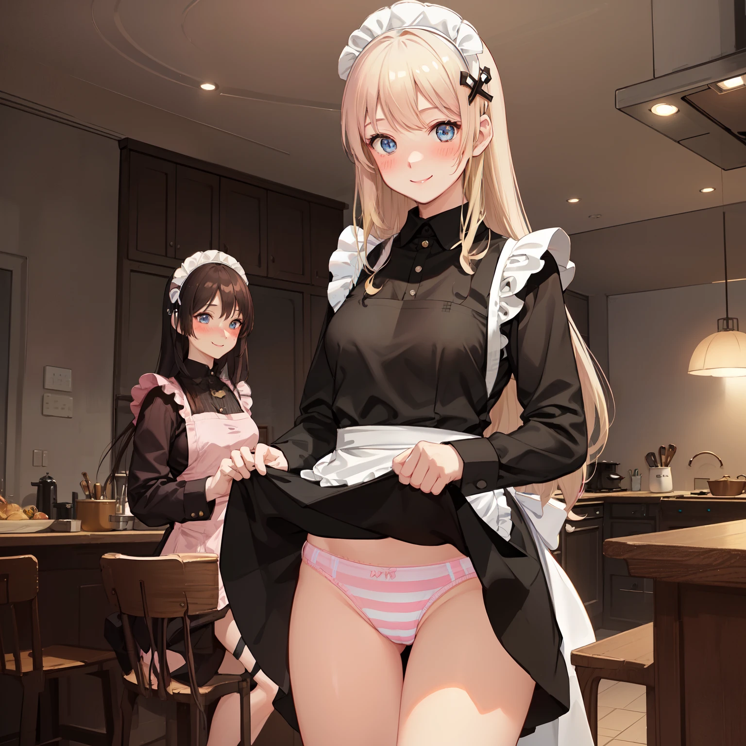 highest quality、masterpiece、((2 women))、((smile:1.3))、(blush:1.3)、Black Shirt、blouse、((fun!!))、(Small breasts)、(Blonde:1.3)、(long hair)、(Long sleeve)、((White apron:1.5))、((Maid))、((hair ornaments)),、Kamimei、look at me、 ((in house:1.5))、 Taking a break from watching the audience、Cowboy Shot、(Skirt lift:1.3),(Highly detailed pink striped panties:1.3)、(Highly detailed panties:1.3)、、(スカート that rolls up:1.3)、(Panties fully exposed:1.5)、Light blue eyes、long hair、Glowing Eyes