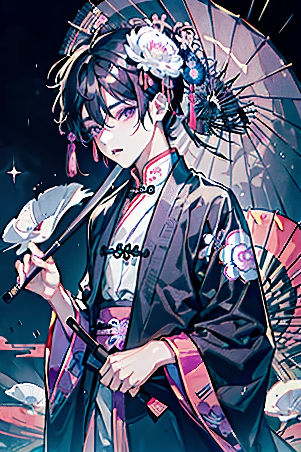 ((boy around 18 years old)),(Black Hair:1.3),(Long Hair:1.3),(Chinese style single layer costume:1.45),(Purple and yellow and pink and grey),(Close-up of face:1.0),(rain:1.2),(Spider Lily Flower々:1.2),(A calm face:1.2),(Japanese Umbrella:1.3),((blister:1.3))