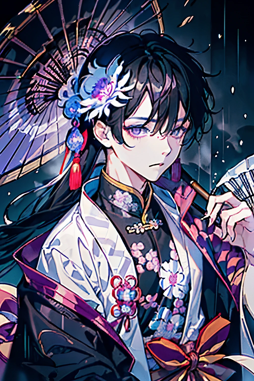 ((boy around 18 years old)),(Black Hair:1.3),(Long Hair:1.3),(Chinese style single layer costume:1.45),(Purple and yellow and pink and grey),(Close-up of face:1.0),(rain:1.2),(Spider Lily Flower々:1.2),(A calm face:1.2),(Japanese Umbrella:1.3),((blister:1.3))