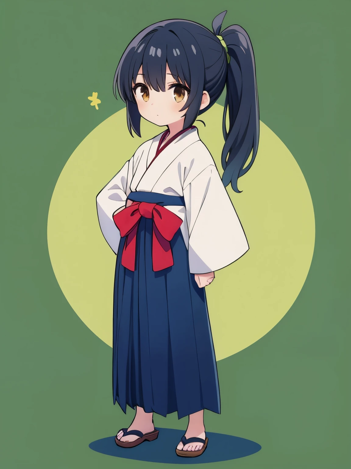 1 girl, dark blue hakama, black hair, brown eyes, ponytail, standing, hands on body, whole body, green background