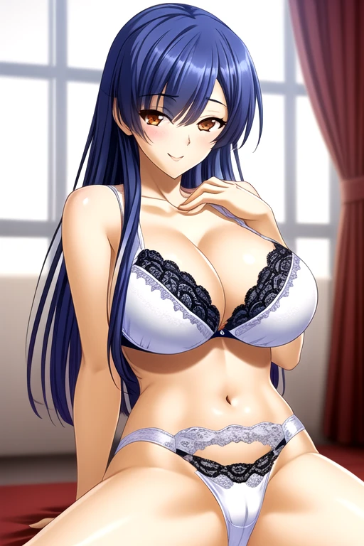 Blue Hair, Orange eyes, (masterpiece:1.2), best quality, Game CG,High_detailed,extremely_detailed_CG_Unity_8k_wallpaper,illustration,High resolution,absurd,view, curtain, Light Particles, (1 girl), (portrait), (Mature female:1.3),milf, Beautiful fingers,Beautiful long legs,Beautiful Body,Beautiful nose,Beautiful character design, Perfect eyes, Perfect face, Everlasting, Looking at the audience, (Smile:0.8), Long hair, Adjust Hair,,White underwear,white lace,white underwear, white bra, white lingerie